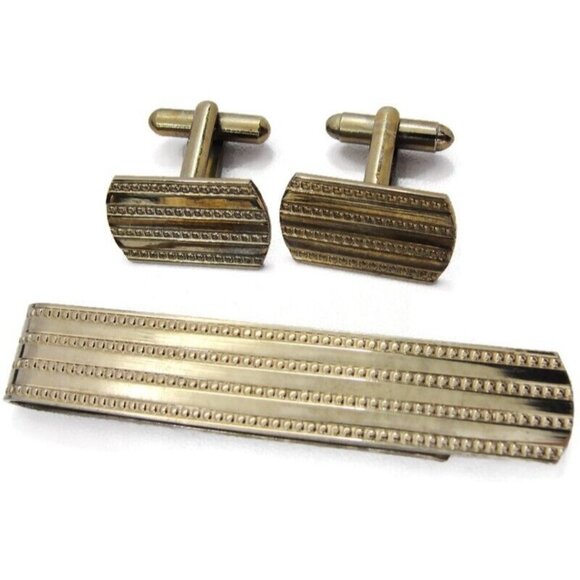 Long Wide Tie Bar & Cufflink Set Faded Gold Tone Tarnished Shirt Vintage - Picture 2 of 7